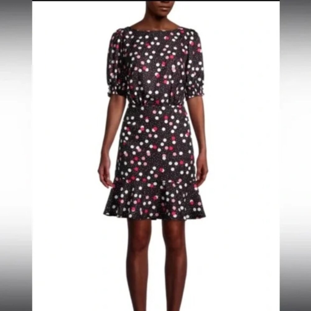 Karl Lagerfeld Paris Short Sleeve Jacquard Dot Flounce Dress - Size 0